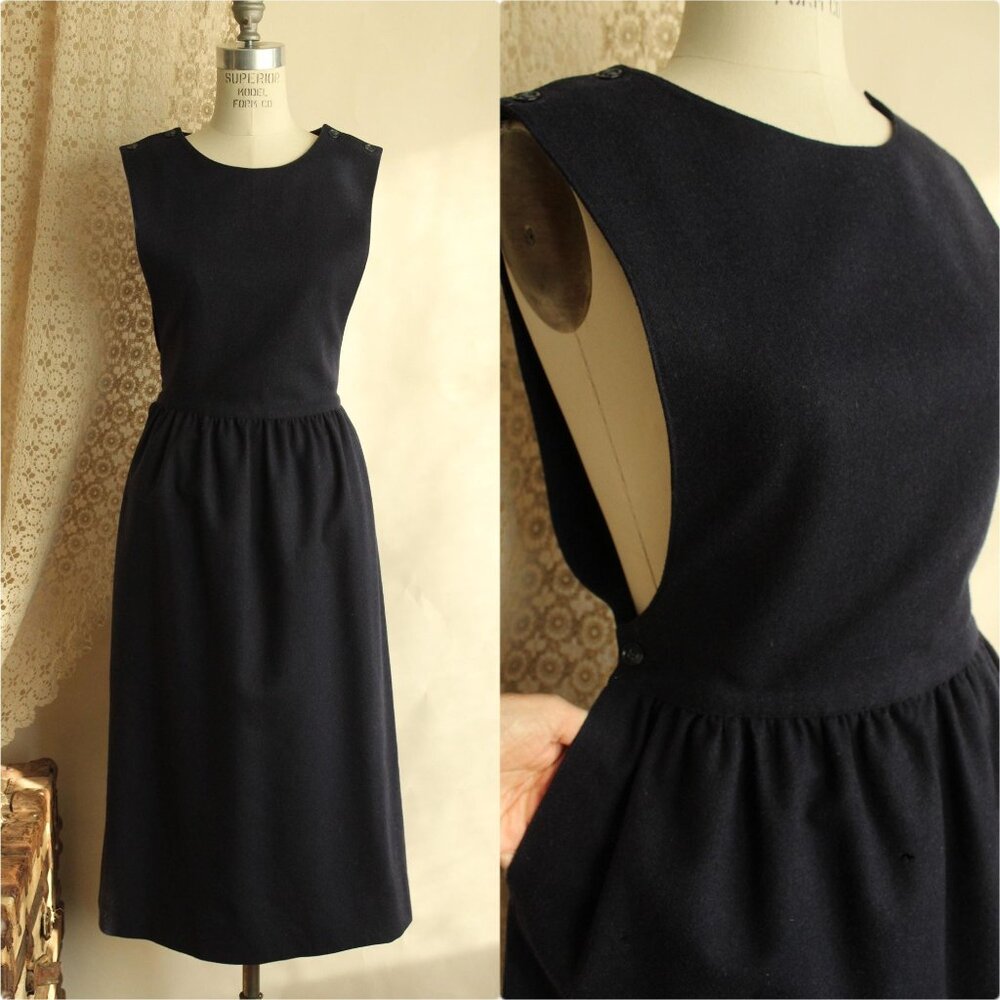 Vintage 1980s Dress with Pockets, J.G. Hook Wool Navy Blue Pinafore, Size 8
